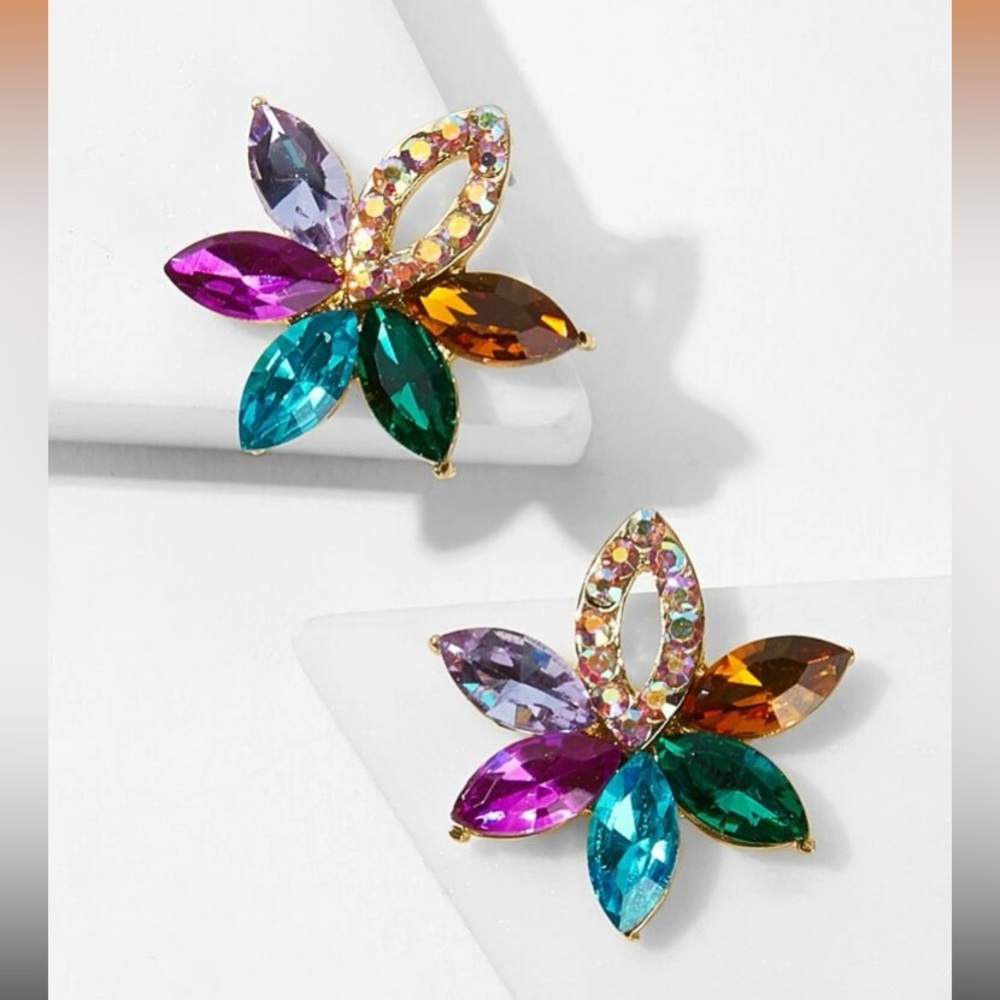 Color-block Rhinestone Flower Stud Earrings 1pair - Picture 1 of 17